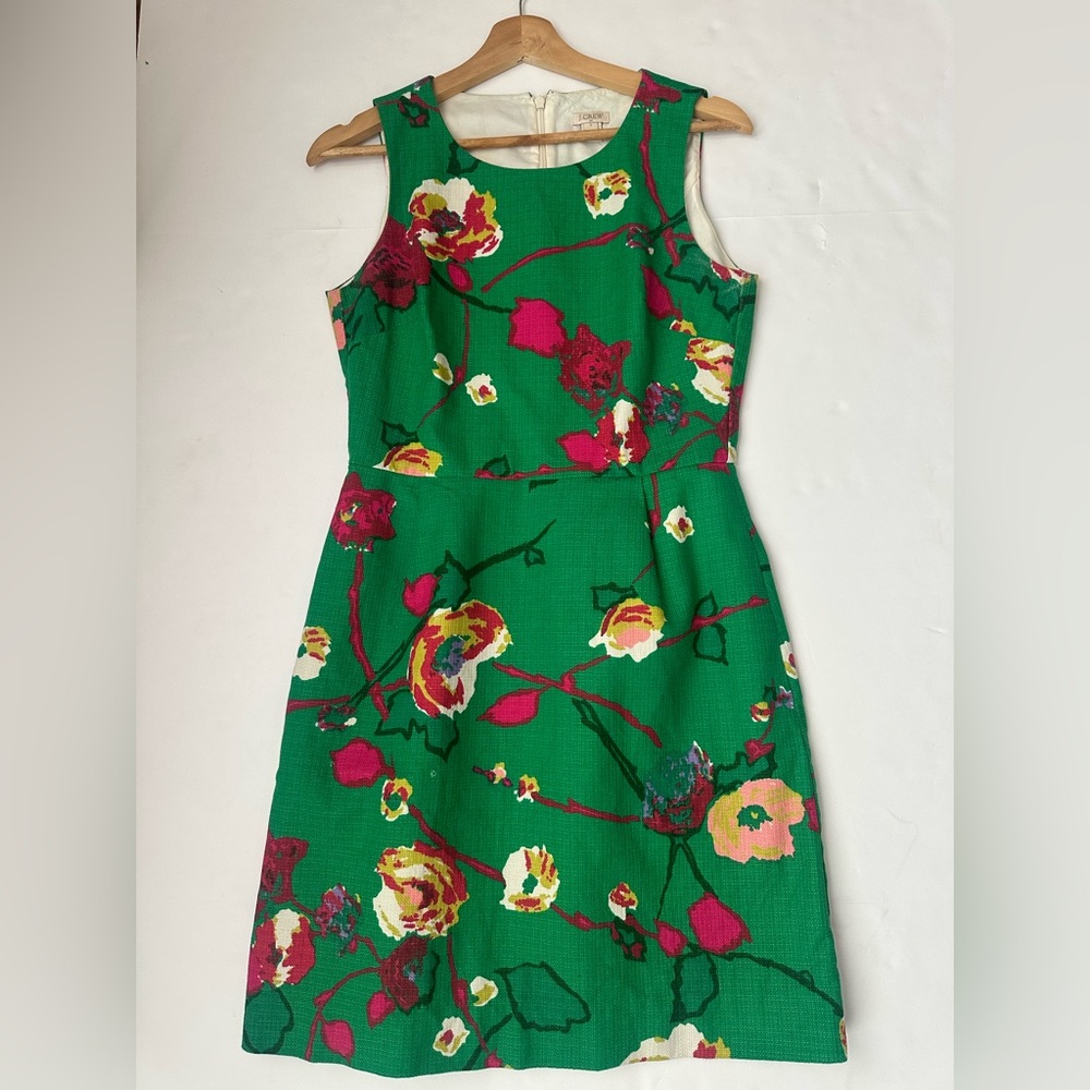 J. Crew "Garden Party" Kelly Green Floral Shift Dress with Pockets Size 2